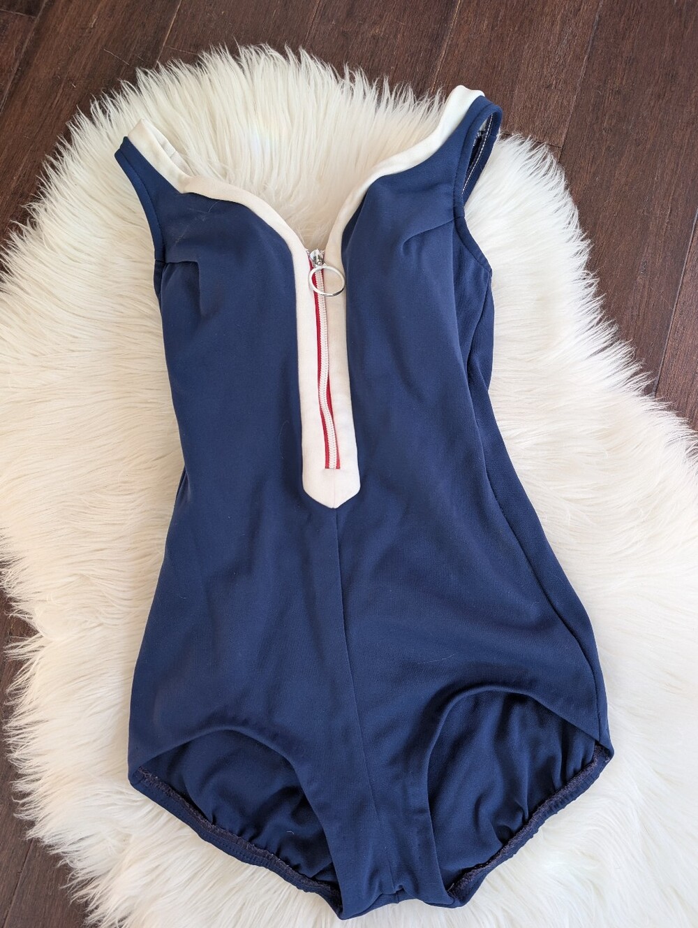 Vintage Jantzen One Piece Zip Swimsuit Size 12 Navy Blue Pinup Underwire 50s 80s